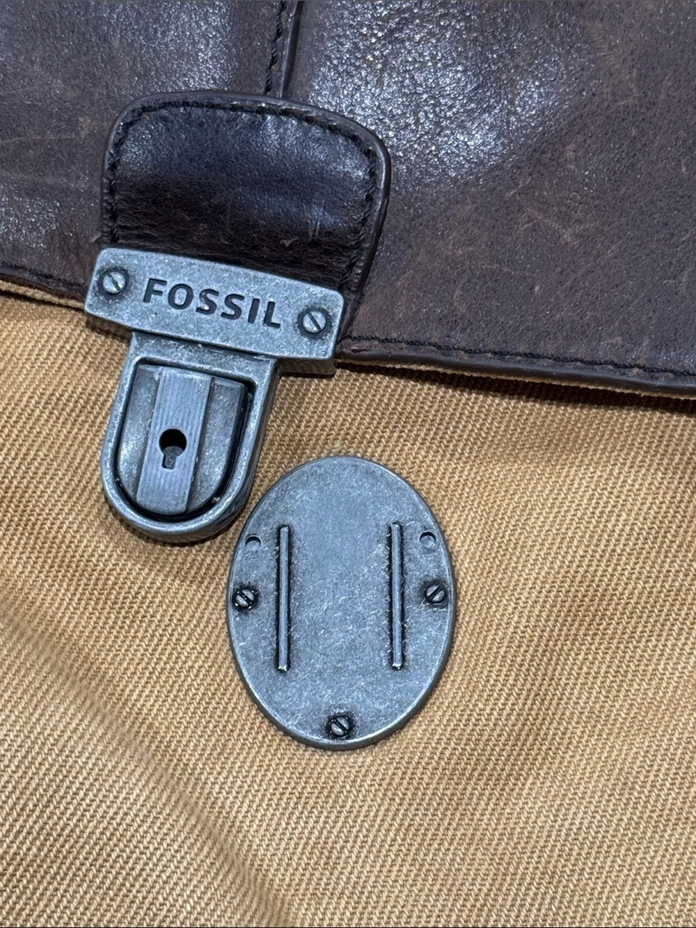 Fossil Canvas Messenger Bag in Tan and Dark Brown Leather